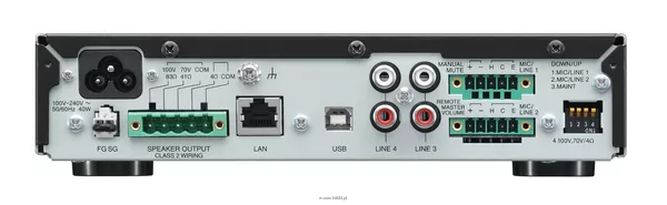 TOA A-5012 Cyfrowy wzmacniacz miksujący 120W; 1-strefowyl wyjścia 100V/4Ohm, 2 wejścia zbalansowane MIC/LINE, 2 wejścia stereo LINE, procesor DSP - 2