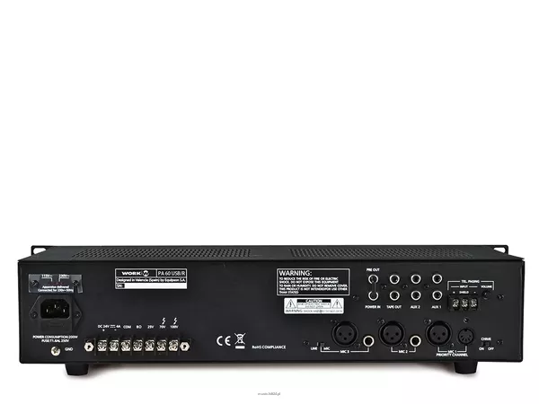 WORK PA 60 USB/R Wzmacniacz miksujący 100 V – moc: 60 W RMS – odtwarzacz MP3 – rejestrator audio – wejście USB – 4 wej. Mic + 4 line + 2 aux - 2