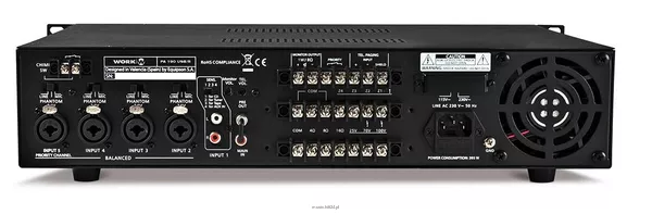 WORK PA 190 USB/R Wzmacniacz miksujący 100 V – moc: 190 W RMS – odtwarzacz MP3 – rejestrator audio – wejście USB – 4 wej mic + 4 line + 2 aux – 4 STREFY - 2