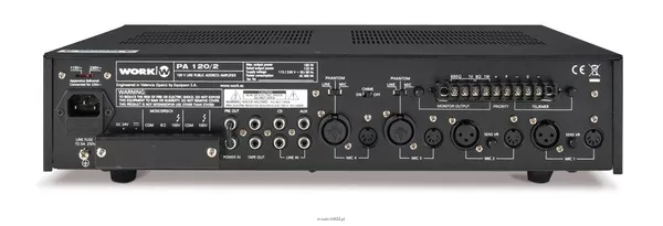 WORK PA 120/2 Wzmacniacz miksujący 100 V – moc nomin: 120 W / 100 V – moc muzyczna: 180 W / 8 ohm - 4 wejścia mikrofonowe + 1 AUX + 4 wejścia liniowe - 2