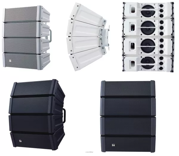 TOA HX-5W System głośnikowy z regulowaną charakterystyką promieniowania; zbudowany z 4 modułów głośnikowych (woofer + 3 tweetery każdy); moc znamionowa 200W, efektywność 96-99 dB SPL (zależnie od kąta otwarcia), pasmo przenoszenia 70(85)Hz - 20kHz (zależn - 5