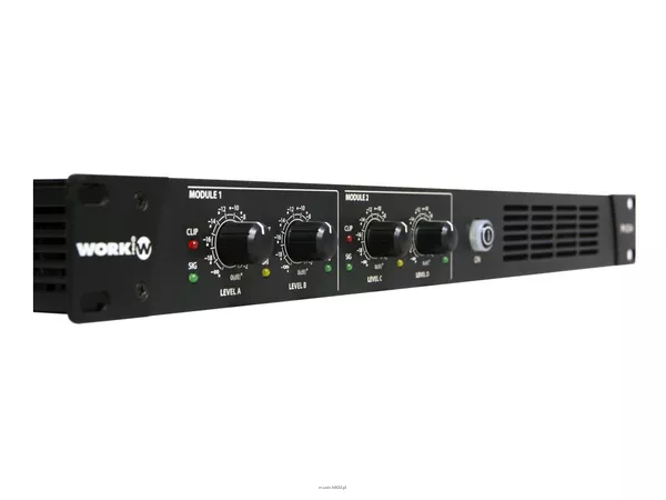 WORK PA 1254 CYFROWY wzmacniacz 4 KANAŁOWY wysokiej mocy / wbudowane DSP - zwrotnica / moc: 4 x 125 W RMS lub 2 x 125 W na sat + 1 x 500 W RMS na sub / wysokość 1 U / waga: 5 kg - 2