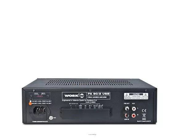 WORK PA 90/2 USB Wzmacniacz miksujący 100 V – moc: 90 W / 100 V -  wbudowany odtwarzacz MP3 – wejście USB – 2 wejścia mikrofonowe + 1 AUX - 2